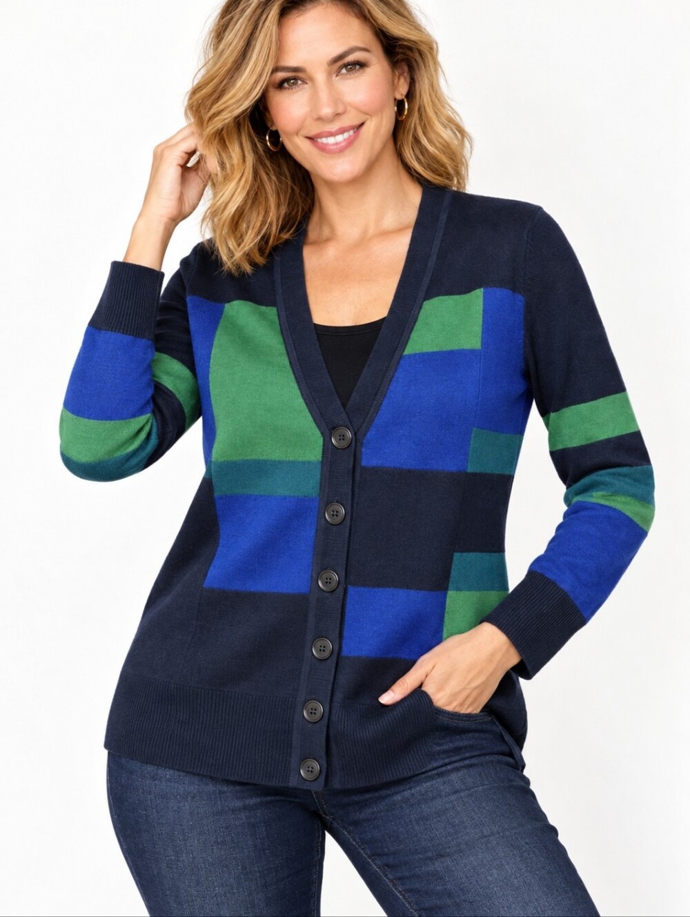 Philosophy by Republic Colorblock Cardigan Geometric Blue Green Sweater S